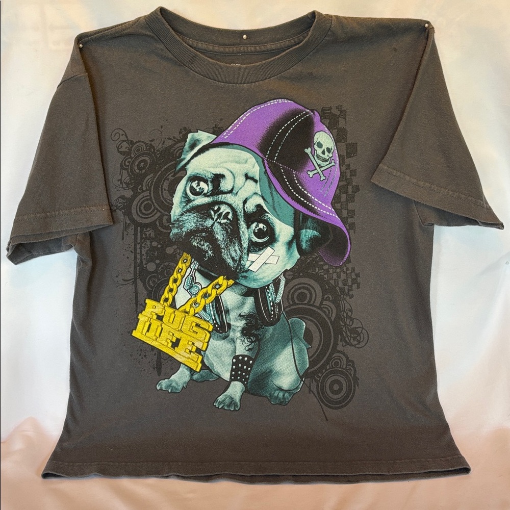 Slightly Worn First Wave Cool “PUG LIFE” Print Tee Size 14-16 Grey